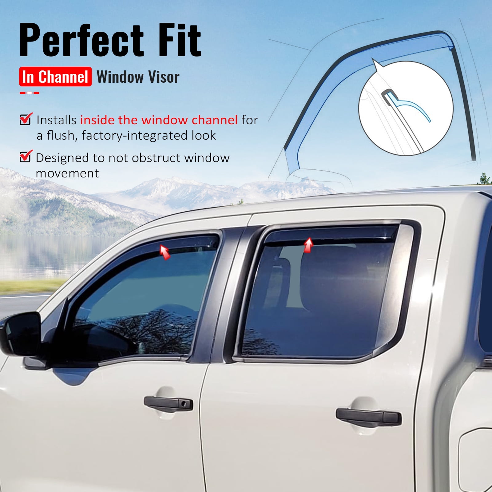 Ikon Motorsports In-Channel Window Visors Sun Shades Vent Rain Guards Deflectors for 2022-2026 Nissan Frontier Crew Cab Acrylic Smoke/Tinted 4PCS