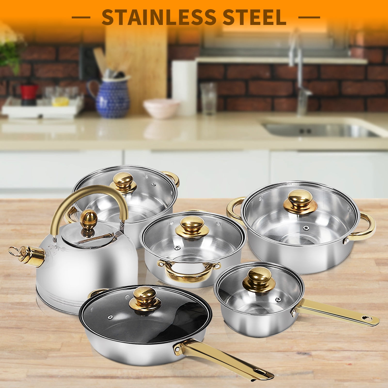 Tebru 12 Piece Nonstick Stainless Steel Cookware Set, Glass