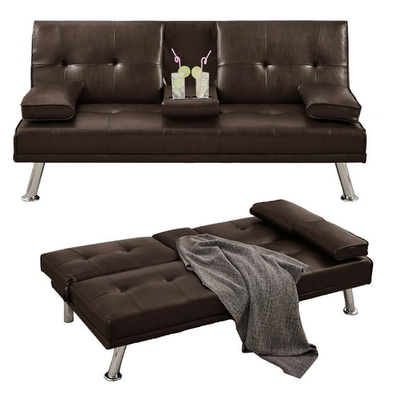 VFD Futon Sofa Bed Modern Folding Futon Set Convertible Recliner Lounge for Living Room with 2 Cup Holders, Removable Armrests (Faux leather, Brown)