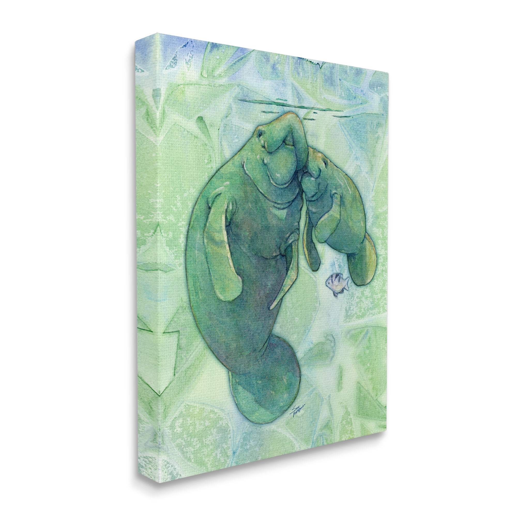 Stupell Industries Green Manatees & Fish Animals & Insects Painting Gallery Wrapped Canvas Print Wall Art, 24 x 30