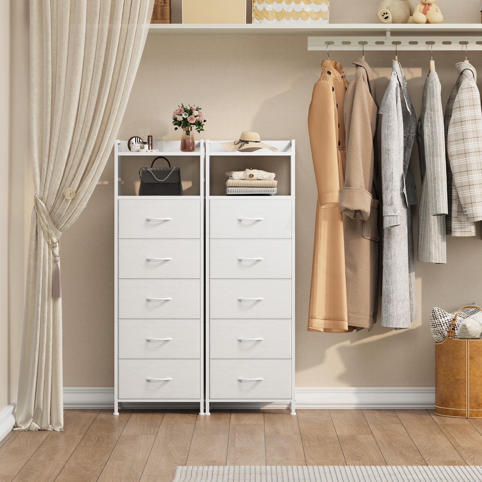 Eunos White Tall Nightstand, 5 Vertical Fabric Drawer Dresser for Bedroom, Living Room, Hallway