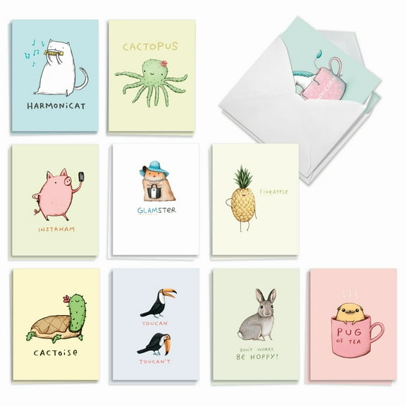 20 Blank All Occasion Note Cards with Envelopes (4" x 5.12") - Punimals All Occasion (10 Designs, 2 Each) AM3366OCB-B2x10