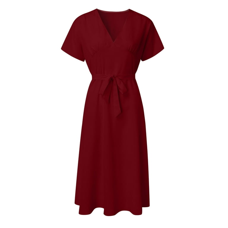 WTXUE Dresses for Women 2024 Women Casual V Neck Solid Color Multicolor Strap Decoration Elegant Dress Red Dresses for Women 2 Dark Red XL