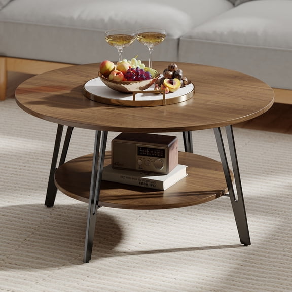 Manxile Mid-Century Modern Coffee Table, 2 Tiers Design, Round Coffee Table for Living Room,Easy to Assemble, Walnut