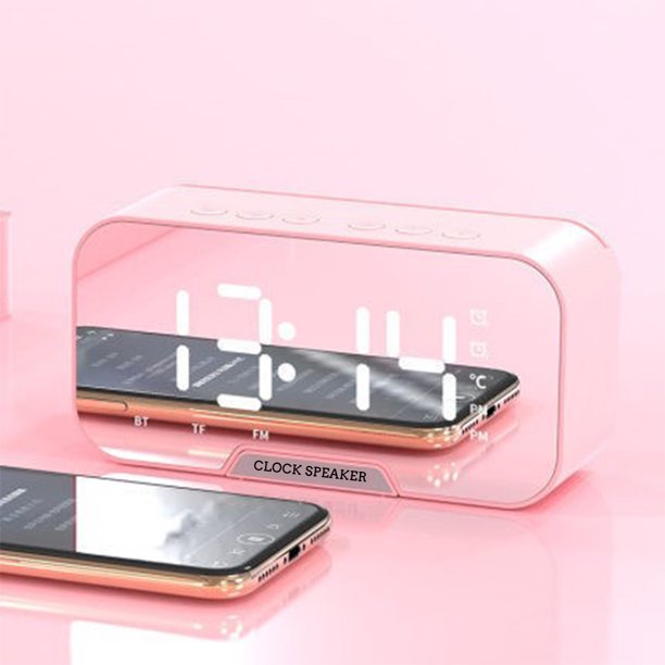 Altavoz Bluetooth, reloj digital con audio Bluetooth y despertador con alarmas, pantalla LED de espejo, Bluetooth V5.0, tarjeta TF y cable auxiliar.