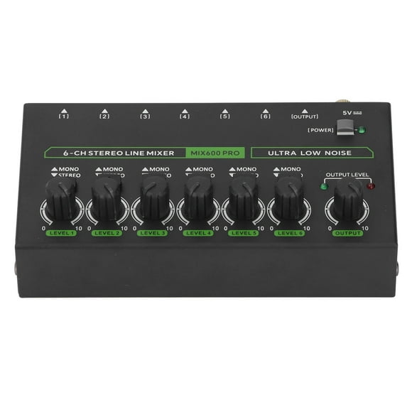 6 Channel Mixer, DJ Audio Mixer with RGB Light, 1/4 TRS TS Low Noise Stereo Mono Switching Line Controller Sound Mixer for Studio, DC 5V Power, 6.35mm Interface