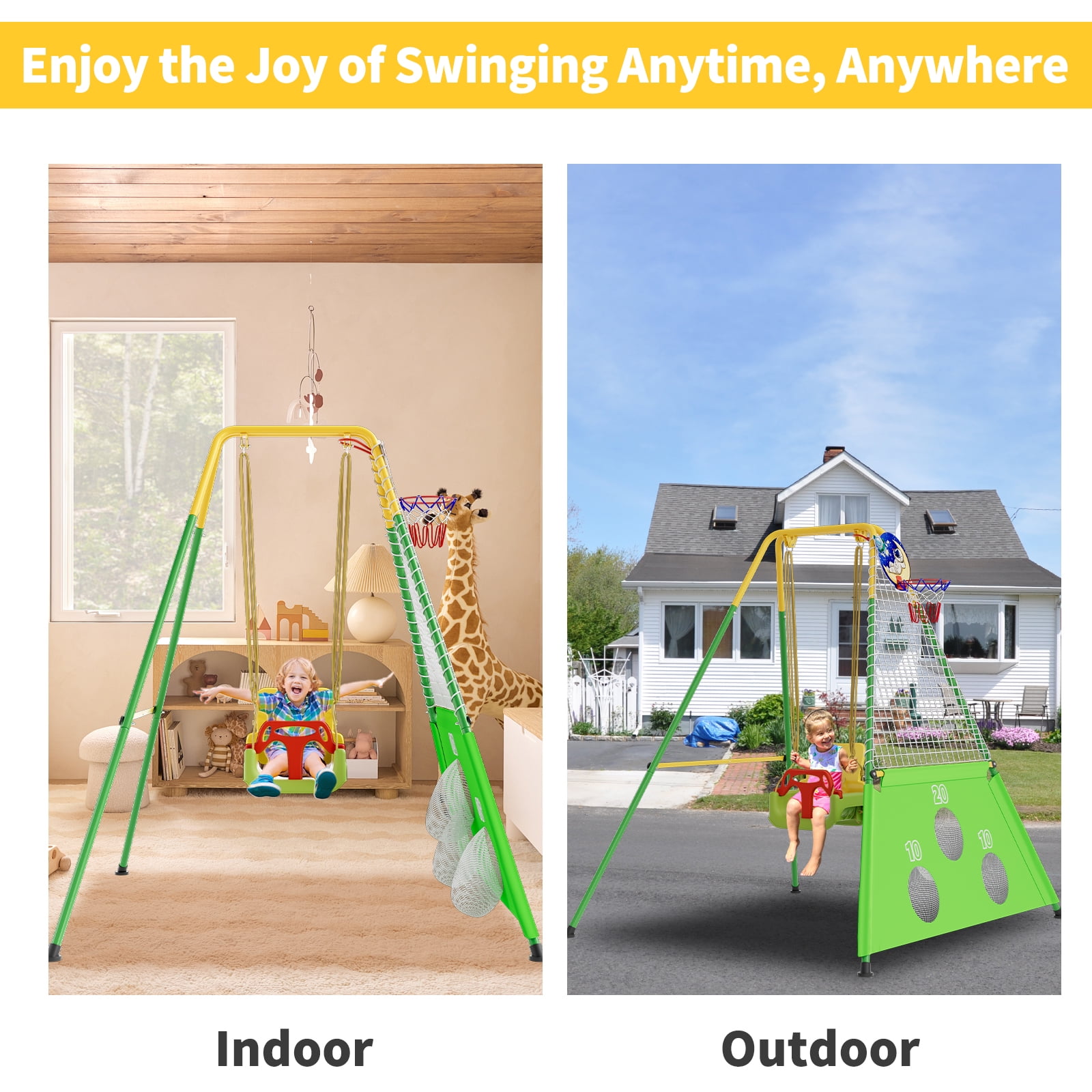 3 in 1 Toddler Swing Set with Basketball Rim and Soccer Scoring Net, Indoor Outdoor Baby Swing with Metal Stand, Kids Swing Set for Backyard, Free Soccer Basketball and Pump, Easy to Assemble（Green）