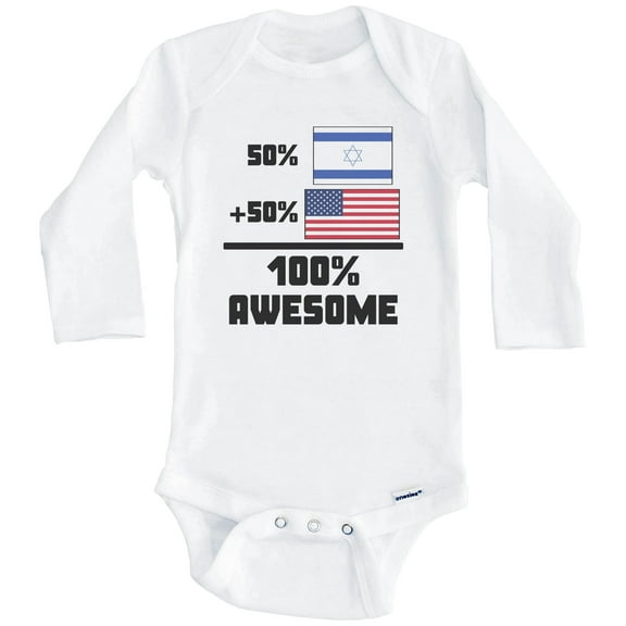50% Israeli 50% American 100% Awesome Funny Flag One Piece Baby Bodysuit (Long Sleeve), 0-3 Months White