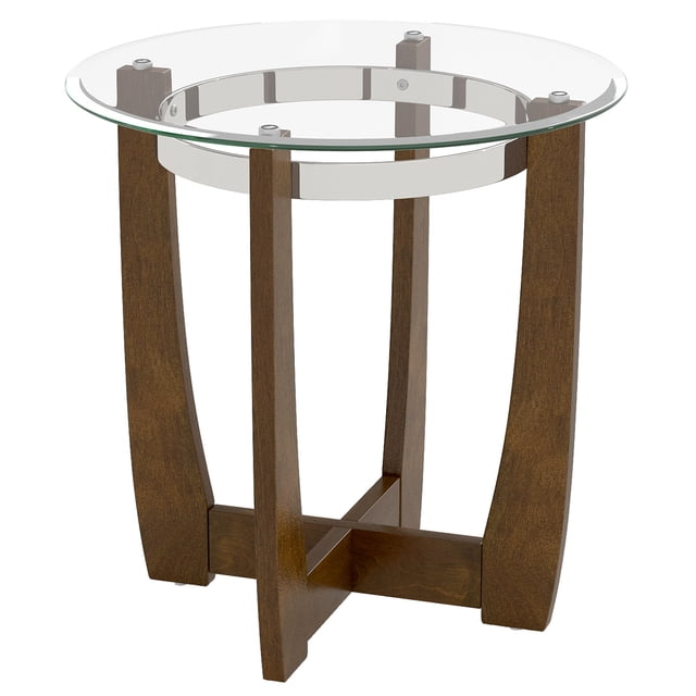 Patiojoy Glass End Table 24" Round Side Table with Tempered Glass Top Transparent & Walnut
