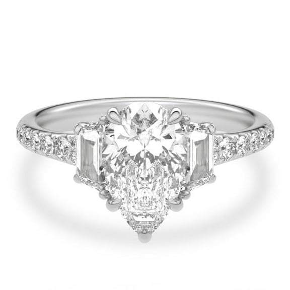 Lina Jewel 14K White Gold Plated Rings - 2.13 Ct Pear Cut Engagement Ring for Women - Perfect Modern 3 Stone Trilogy Wedding Ring - Stylish Proposal Gift with Lab-Created Simulated Diamond for Her