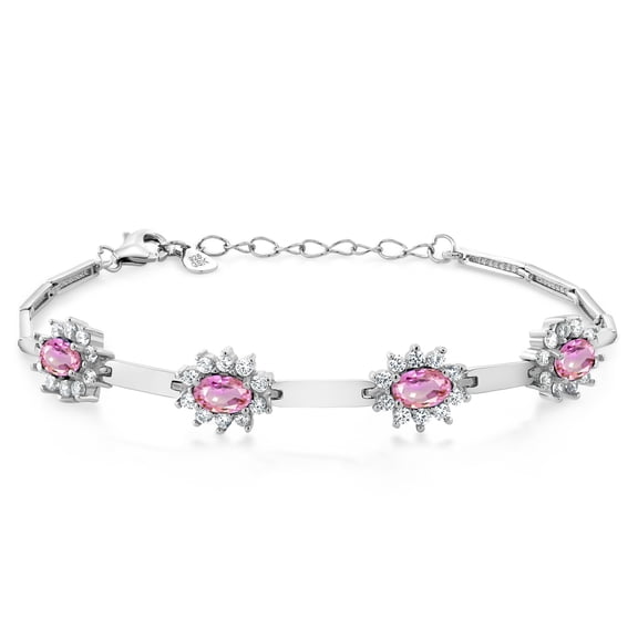 Gem Stone King 925 Sterling Silver Pink Sapphire and White Created Sapphire Bracelet for Women (4.00 Cttw, Gemstone September Birthstone, Oval 6X4MM, 7 inch 1 inch Extender)