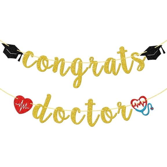Congrats Doctor Gold Glitter Banner, Doctor Graduation Party Decoration, Medical school Bunting Decor