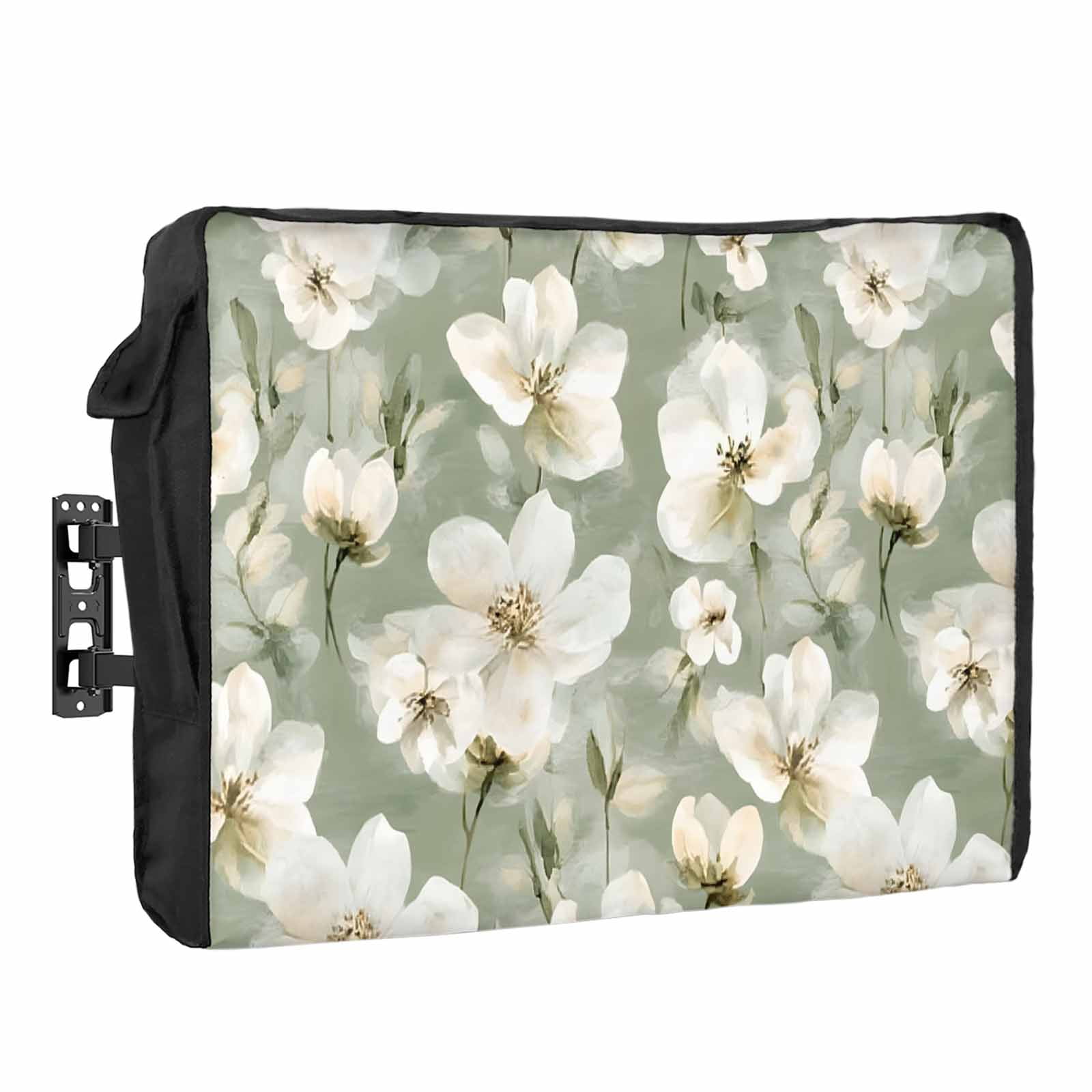 Vintage Magnolia Outdoor TV Cover 70 to 75 inch Weatherproof Waterproof, White Blooming Floral Watercolor Green TV Enclosures with Remote Control Pocket Flat Screen Protector for Outside