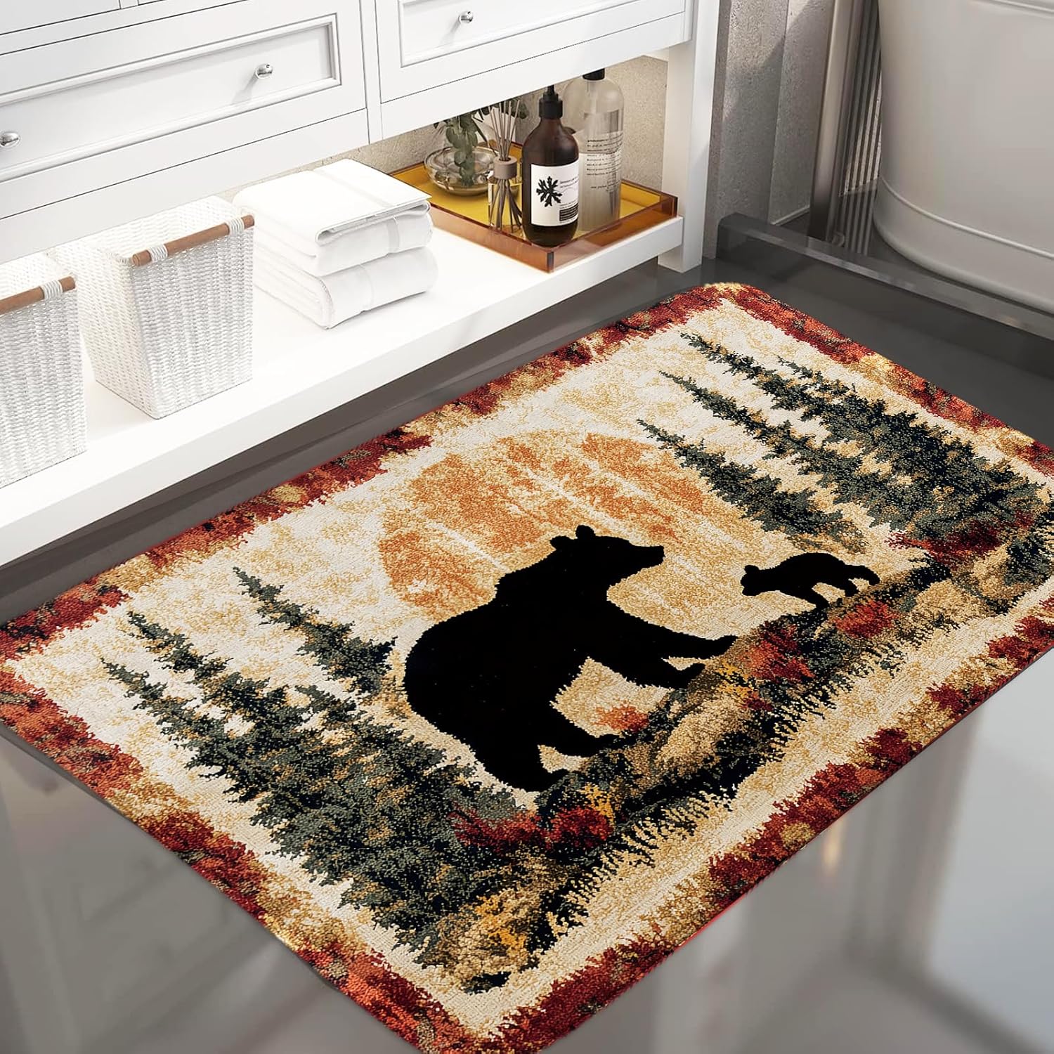 Bear Rug Farmhouse Bathroom Rugs Animal Black Bear Forest Trees Rustic Cabin Carpet Camping Bath Rug Sets for Bathroom Bedroom Kitchen Outdoor Indoor, 19X31in