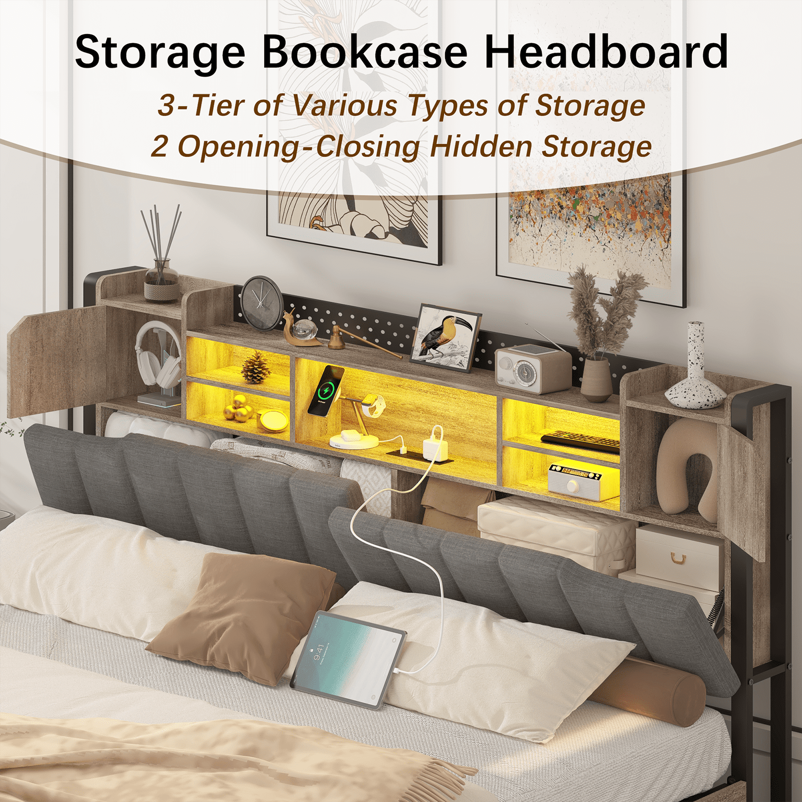 King Size Bed Frame and Bookcase Headboard & Storage Drawers, LED Upholstered Platform Bed Frame King Size with USB Charging Station, No Box Spring Needed, Easy Assembly, Oak Gray
