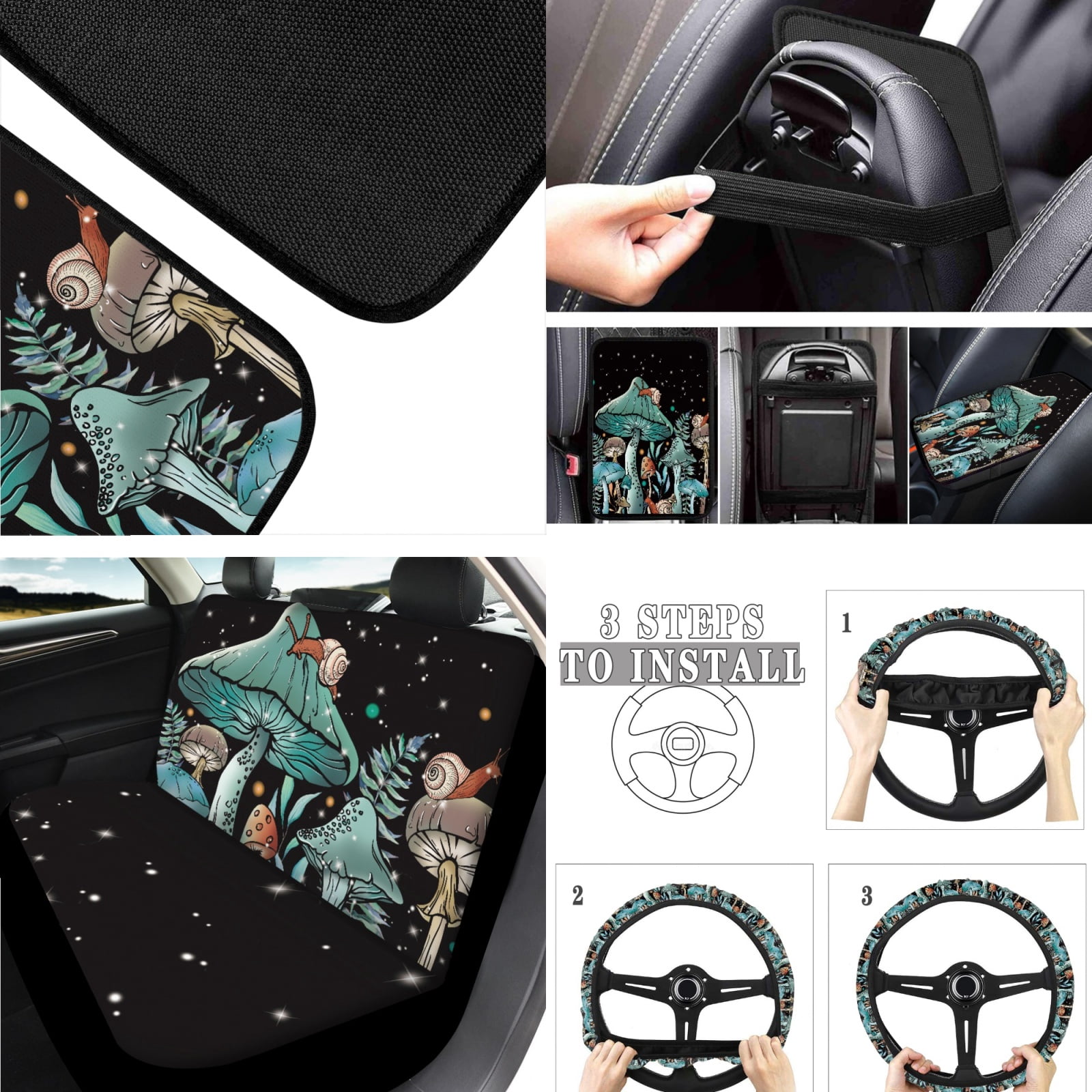 Jeiento Aesthetic Mushroom Car Seat Cover Set of 17 Car Floor Mat Steering Wheel Cover Armrest Cover Safety Belt Pad Cup Coasters Keychain Lipstick Holder Universal Automobile Accessory Interior