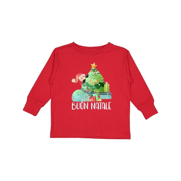 Inktastic Buon Natale Cute Santa and Christmas Tree Boys or Girls Long Sleeve Toddler T-Shirt