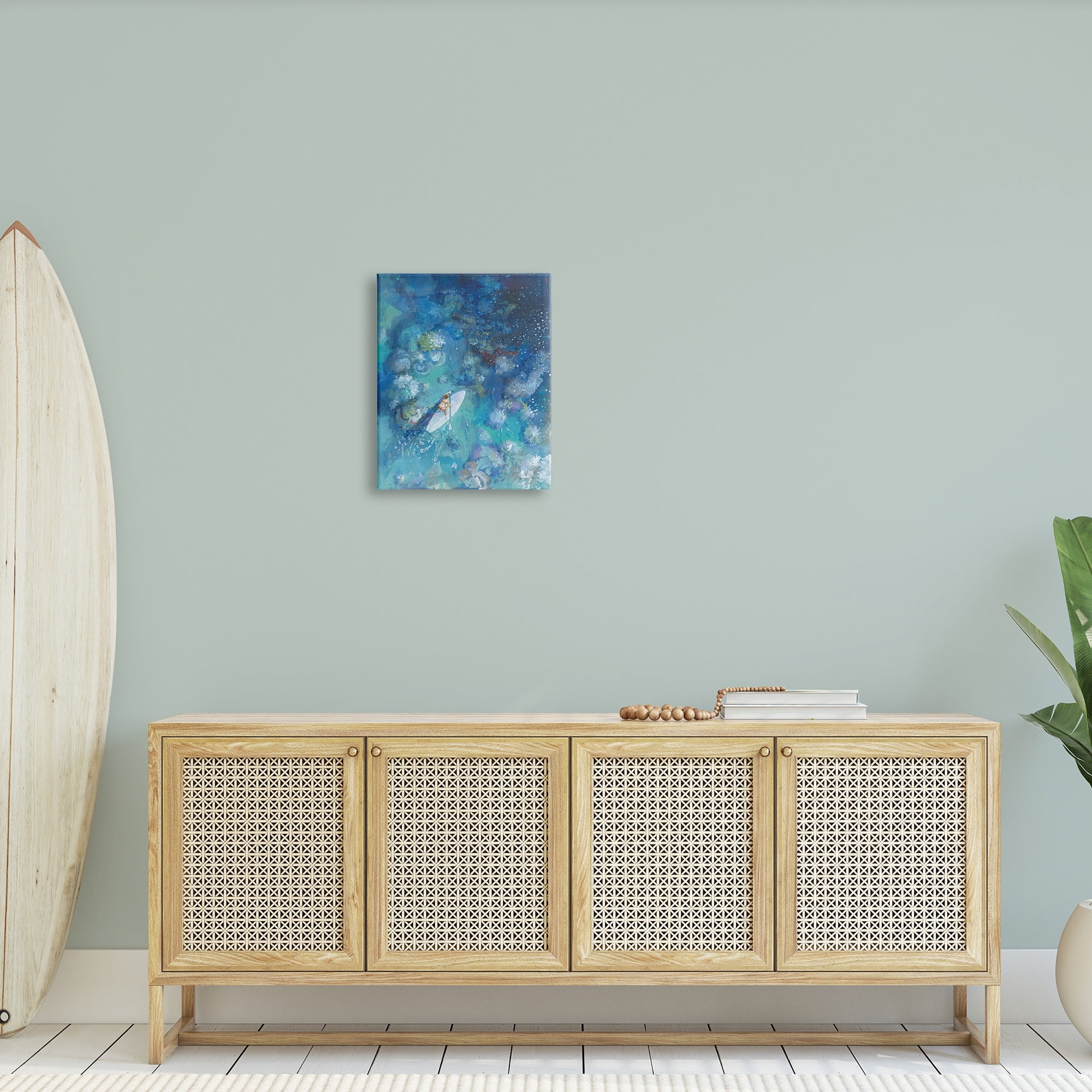 Stupell Industries Paddle Board Ocean Reef Tropical Scene Female Surfer, 24 x 30,Design by Danhui Nai