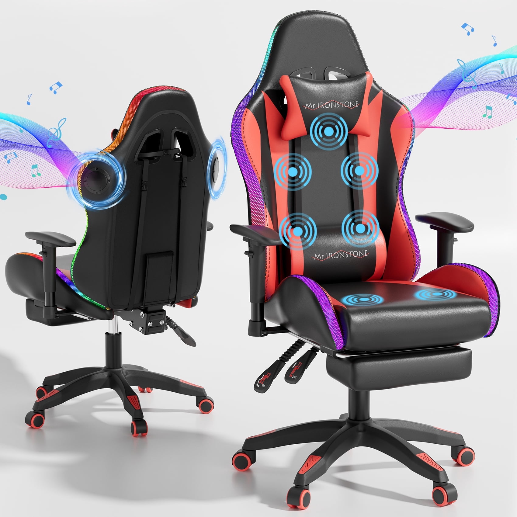 Mr IRONSTONE Gaming Chair for Adults, 7 Point Massage Computer Chair with Bluetooth Speakers RGB, Heavy Duty 400lbs Ergonomic PC Chair with 3D Armrests Footrest, Red/Black
