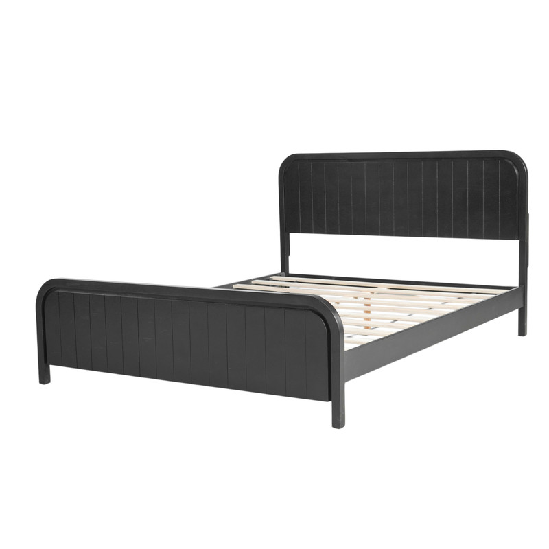 Queen Size Low Profile Bed Frame with Striped Headboard & Footboard, Wood Platform Bed with Slats Support & 7'' Under-Bed Space