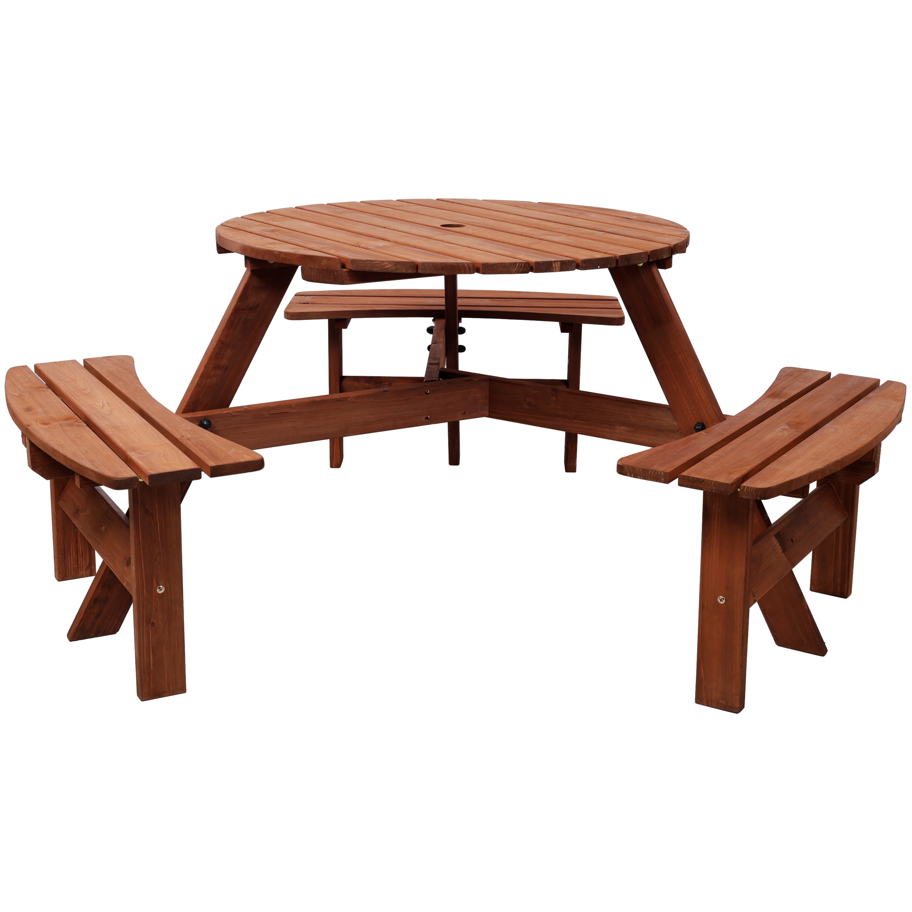 Leumius 6-Person Outdoor Wooden Picnic Table with 3 Built-In Benches &Umbrella Hole,Circular Camping Dining Table for Garden Patio Backyard