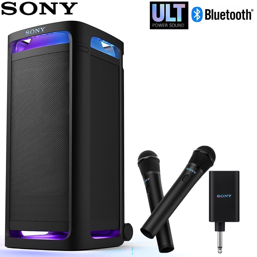 Sony SRSULT900AC ULT POWER SOUND Series ULT TOWER 9AC Party Speaker Bluetooth Black Bundle with Sony ULT POWER SOUND series ULT MIC Wireless Microphone (2 Mics, 1 Receiver)