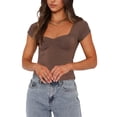 thumbnail image 2 of Women T-shirt, Low-cut Short Sleeve Pleated Solid Slim Fit Summer Tops for Casual Daily, 2 of 10
