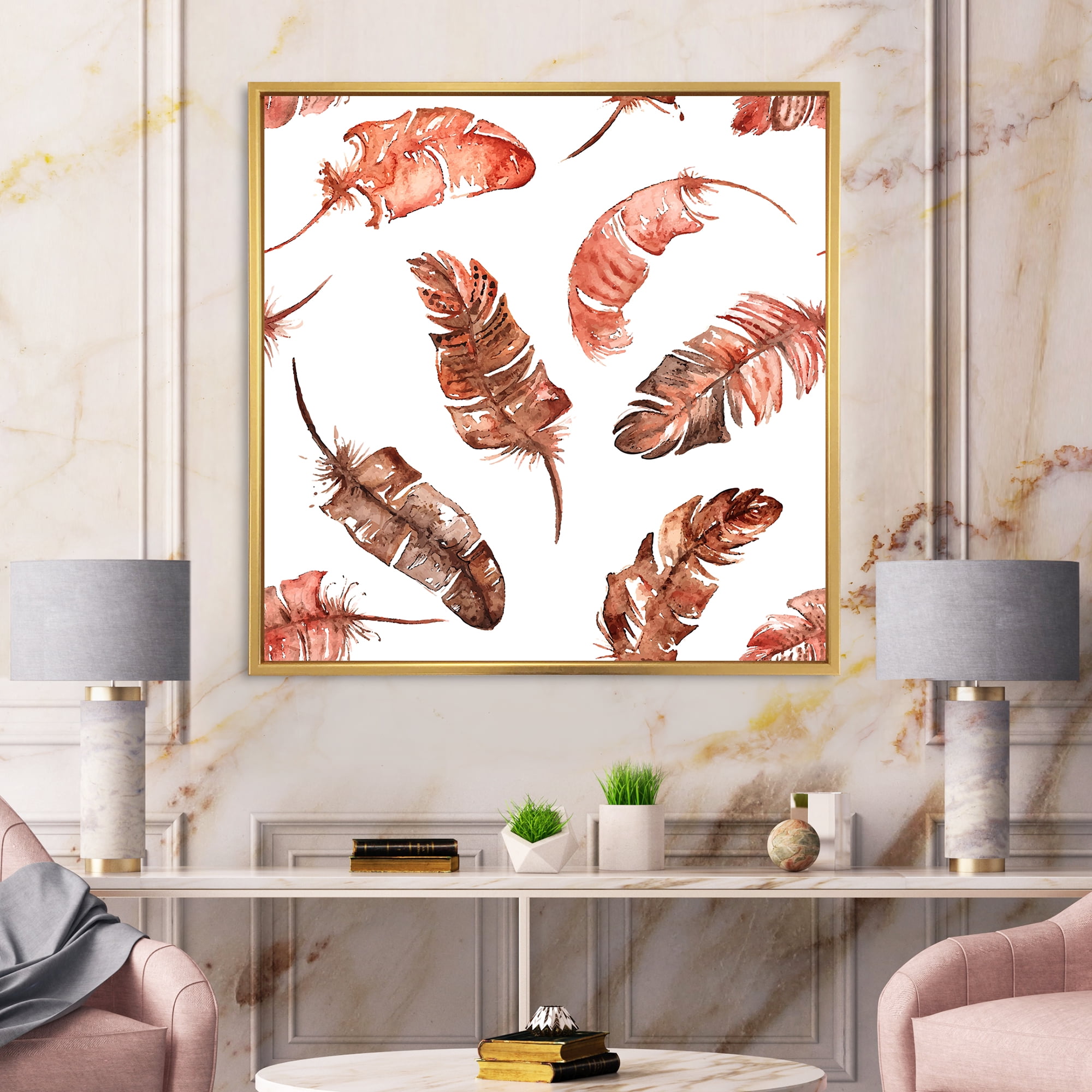 Designart 'Ethinic Orange Feathers On White' Bohemian & Eclectic Framed Canvas Wall Art Print