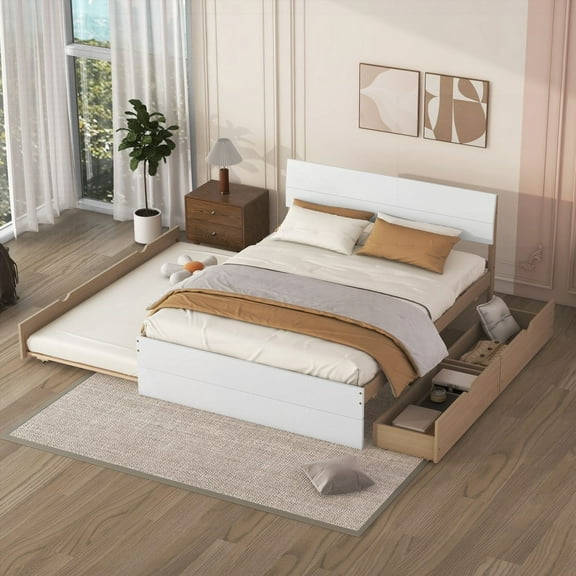 Sturdy White High Gloss Full Bed Frame with Twin Trundle & 2 Underbed Drawers