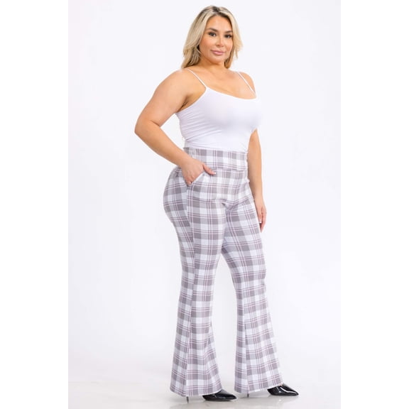 Plus Size Tummy Control Butt Sculpting Flare Pants With Pockets - Gray, Pink, White, Plaid