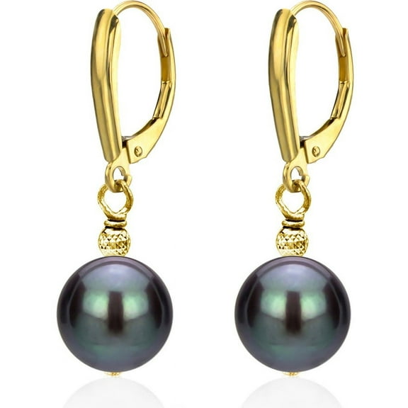 ADDURN 14Kt Yellow gold 6-7mm Black Freshwater Pearl with Pyramid Beads/Shield Lever Back Earring