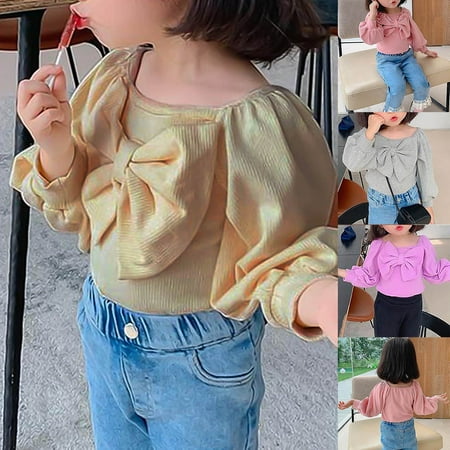 

MyBeauty Baby Girls Rib Long Sleeve Bowknot O Neck Spring Autumn Blouse Basic T-shirt Grey 120 cm