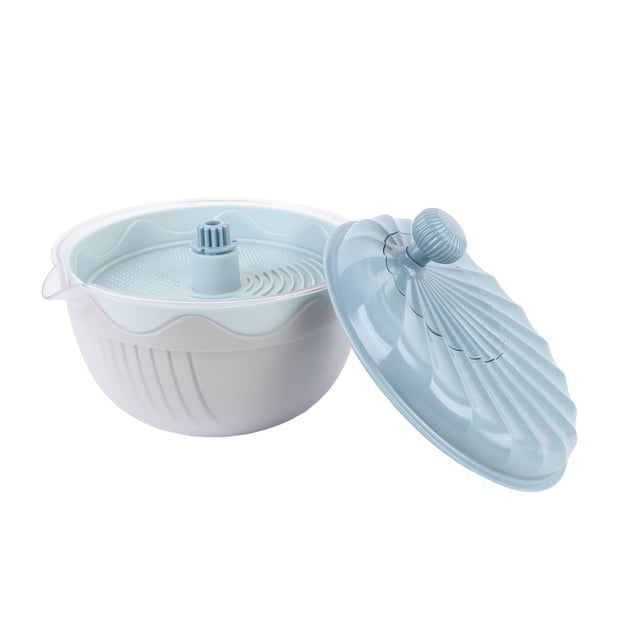 centrifugadora de ensaladas con tapa, bol y colador, lavadora de verduras y frutas multifuncional y picadora de ensalada para ensaladas y productos frescos, crujientes y limpios Vista 3/4 frontal de una centrifugadora azul nórdico con tapa separada; bol exterior y colador interior perforado en ABS, eje central con perilla para girar. Peso aprox. 1 kg. Ideal para escurrir verduras y frutas; también suele usarse para lavar y escurrir hierbas.