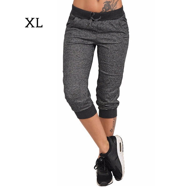 Sonducket Pantalones de mujer Pantalones recortados con cordón Cintura elástica informal Ropa deportiva Prendas para la parte inferior del cuerpo Negro SG