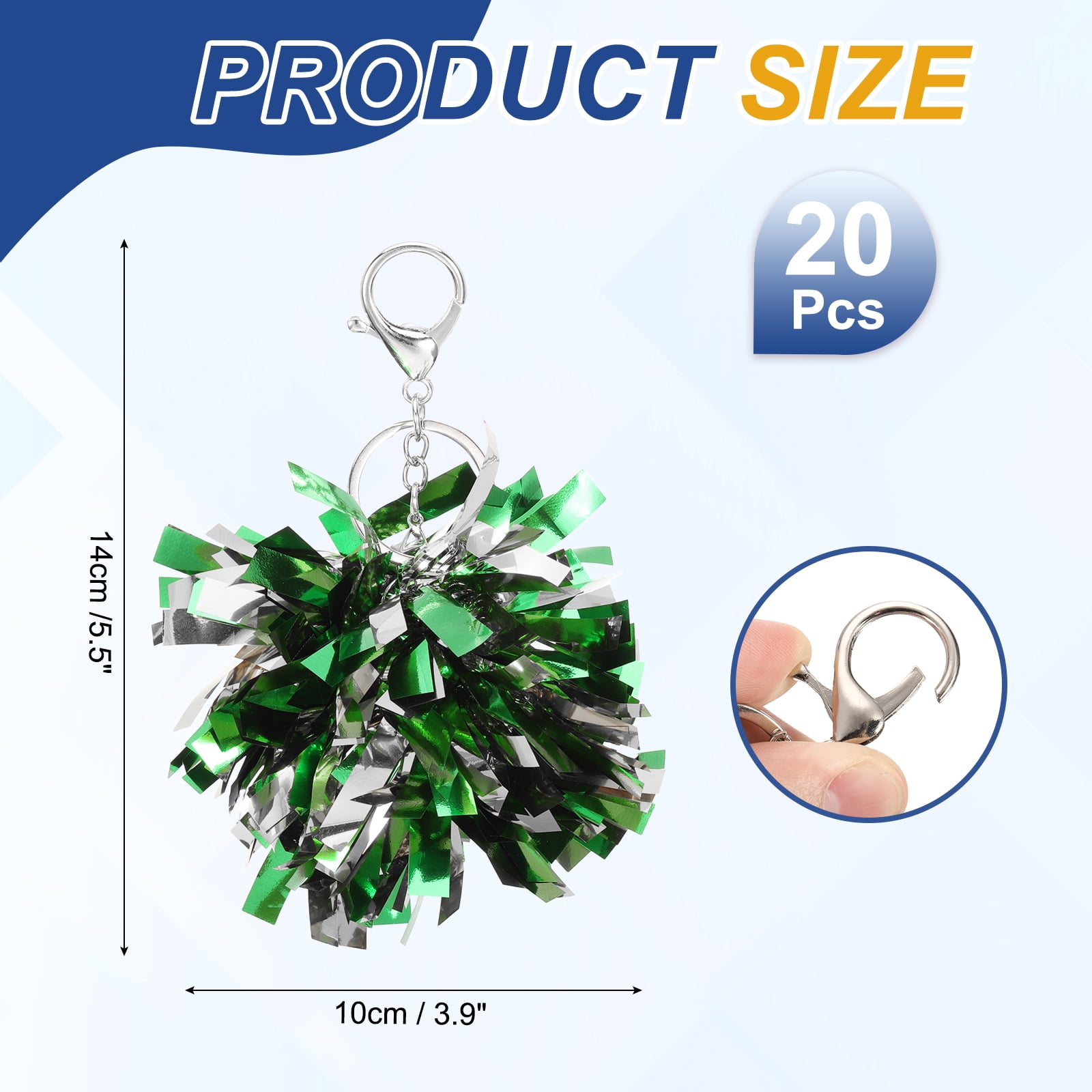 Uxcell 20 Pcs Cheer Pom Pom Keychain, Cheerleading Gift Charm Plastic Keyring Bulk for Cheerleaders Team Women Sports Events Cheer Accessory Supplies, Green/Silver Tone