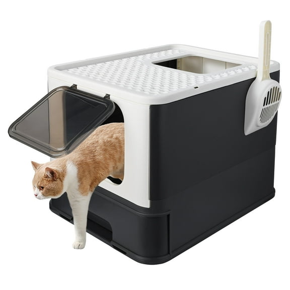 Bac à Litière Pliable pour Chat, Enceinte de Litière pour Chaton à Entrée Frontale et Sortie par le Haut avec Couvercle et Pelle (20"L X 16"L X 15"H, Noir)