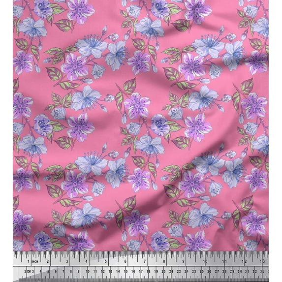 Soimoi Cotton Voile Fabric Leaves & Buttercup Floral Print Fabric by Yard 56 Inch Wide