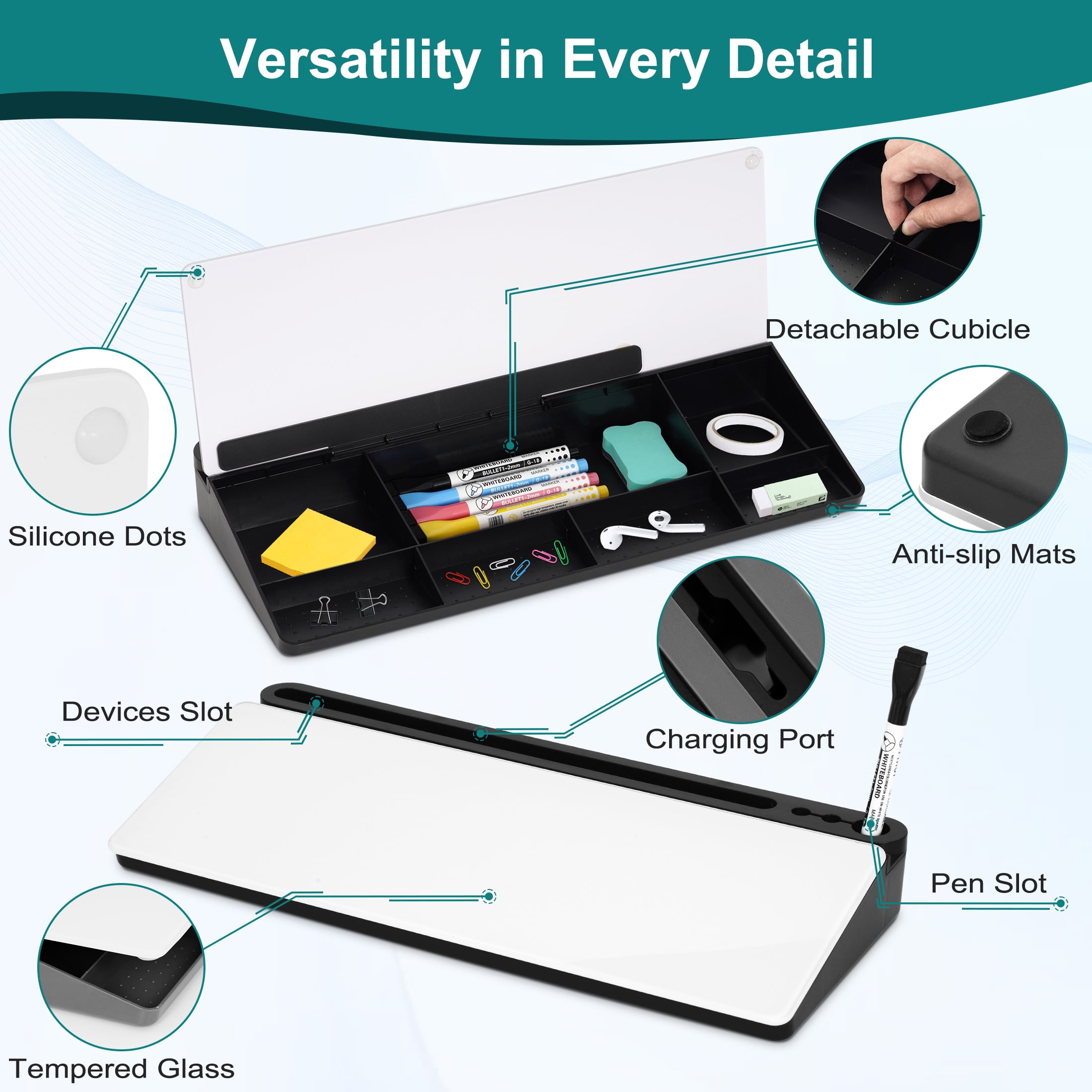 DOLLAR BOSS Glass Desktop Whiteboard for Desk, Desk Dry Erase White Board Deskboard Buddy Computer Pad Keyboard Stand for Home, Office Desk Accessories with 4 Markers 1 Eraser, White & Black