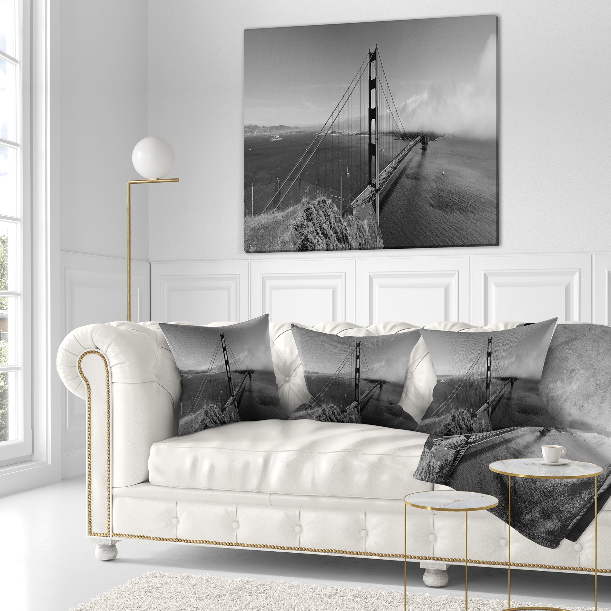 Designart Golden Gate Bridge in Gray Panorama - Sea Bridge Throw Pillow - 16x16