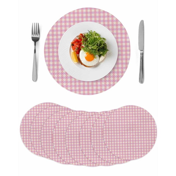 Pink Round 15 Inch Placemats Set of 8, Grid Checkered Plaid Gingham Lattice Trellis HeatResistant Non Slip Place Mats for Dining Table, Wipeable Braided Kitchen Table Mats for Housewarming