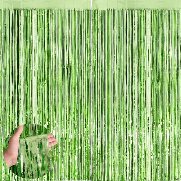 Light Green Metallic Tinsel Foil Fringe Curtains, 2 Pack 3.3x6.6 Feet Party Streamer for Birthday Bachelorette Party Decorations