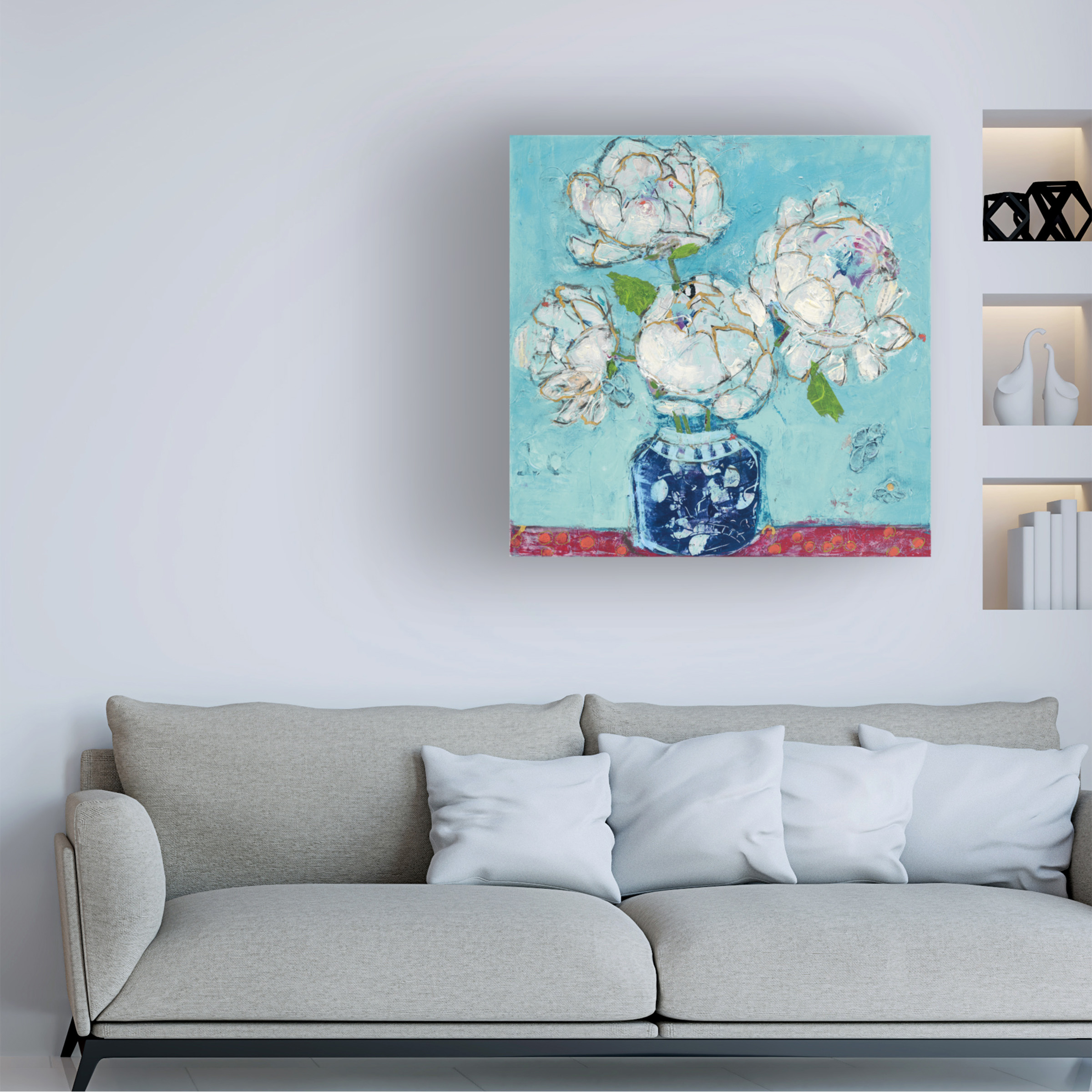 Kellie Day 'Vase of Peonies Aqua' Canvas Art