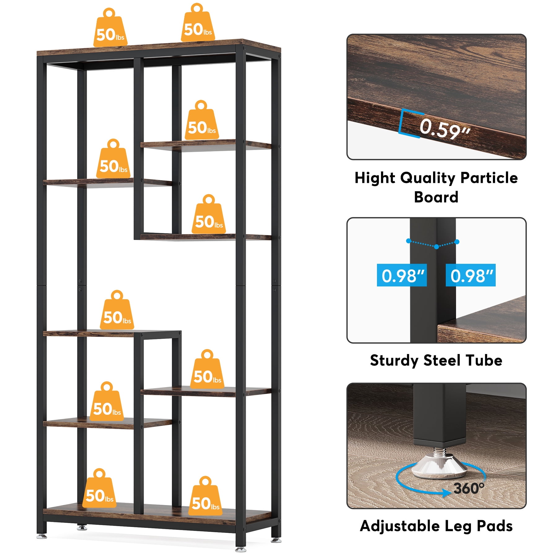Tribesigns Industrial 8-Tier Bookcase, 69.2" Display Storage Bookshelf with Metal Frame for Living Room, Home Office, Rustic Brown