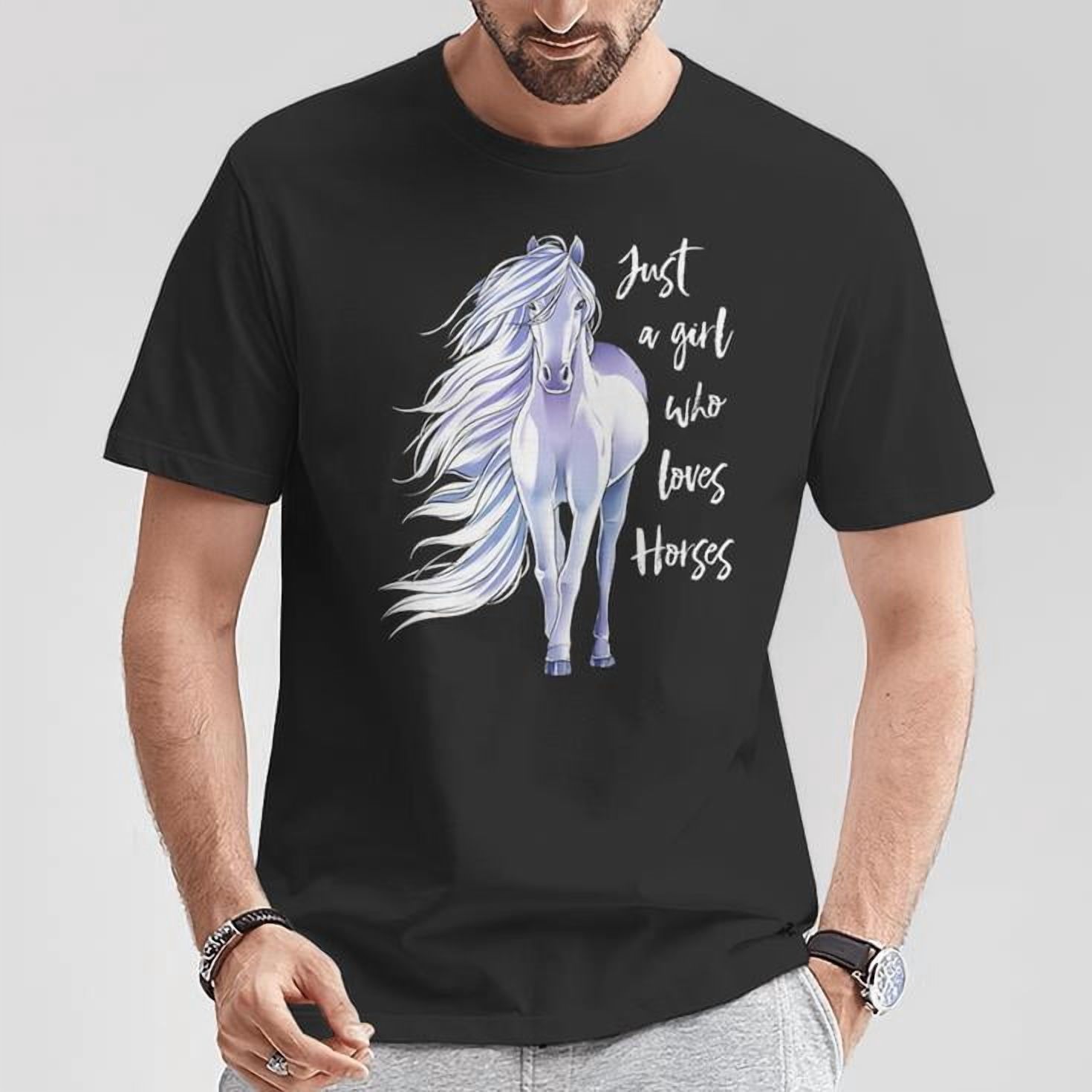 Just a Girl Who Loves Horses Graphic Tee Unisex Adult Cotton Casual Equestrian Horse Riding T-Shirt for Women and Girls, Size 4XL, Color Black