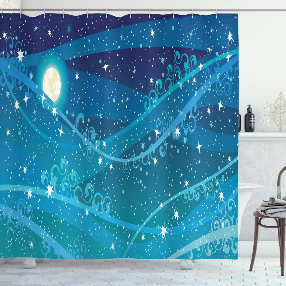Starry Night Shower Curtain, Night Sky with Full Moon Astronomy Theme