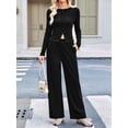 thumbnail image 2 of Women 2 Piece Foldover Yoga Flare Pants Long Sleeve Knit Tops Casual Outfits Matching Tracksuit Set Black S, 2 of 7