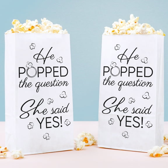 Big Dot of Happiness He Popped the Question She Said Yes Popcorn Bags, Party Favor Snack Treats, Free-Standing Individual White Paper Bags - 25 Count