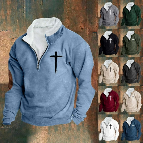 DDAPJ pyju Men's Quarter Zip Sweatshirt Faith Jesus Cross Graphic Sweatshirts Oversized Fleece Pullover Vintage Casual Stand Collar Sweatshirt with Elbow Patches Army Green XXXL