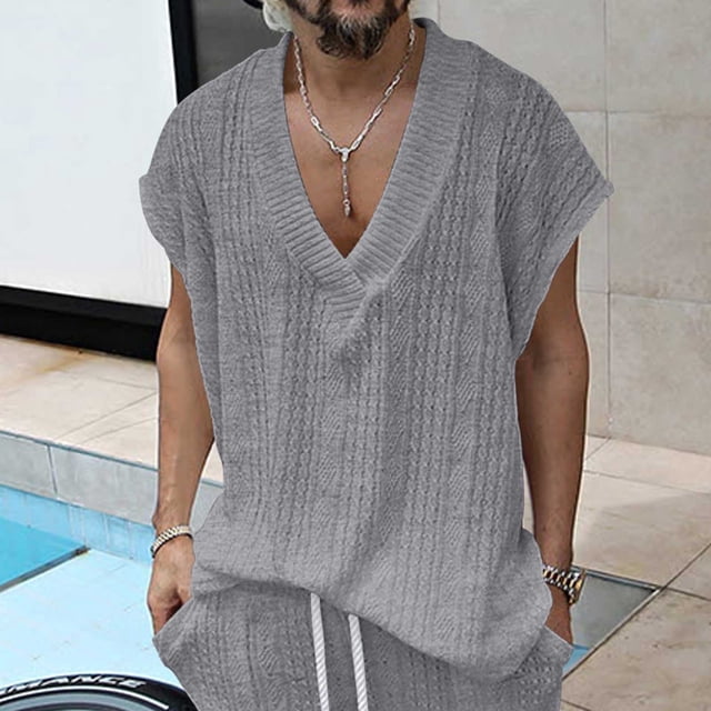 pstuiky Camiseta sin mangas para hombre, Suéter de punto calado de verano para hombre, sin mangas, ajustado, con cuello de punto, camiseta sin mangas Camisas de hombre xl