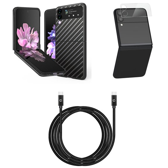 Bemz Premium Bundle for Samsung Galaxy Z Flip 3 5G: Slim Snap-On Protector Case (Carbon Fiber), Rear Camera Glass Protector, Nylon Braided USB-C to USB-C Cable (4 Feet)